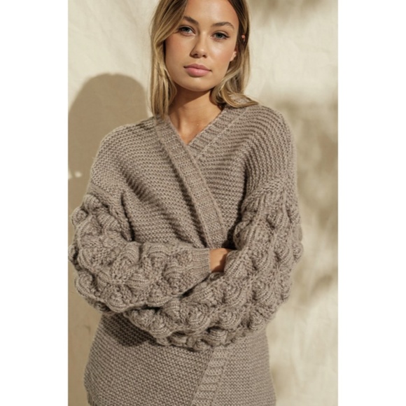 Khaki Pompom Sleeve Knit Open Cardigan Sweater - Picture 4 of 6